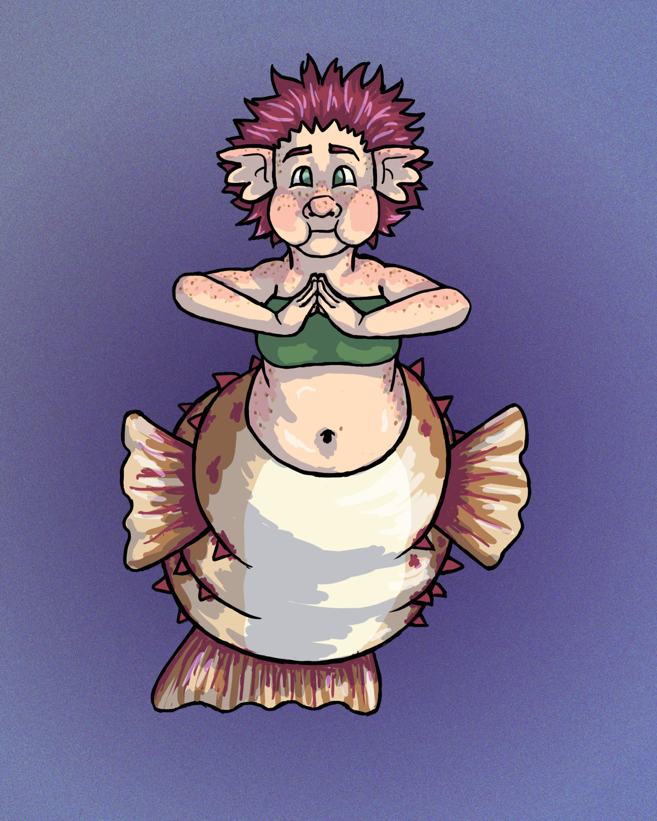 Digital drawing of a mermaid whose lower half is a pufferfish. She has her cheeks and body inflated and her hair is sticking straight out.